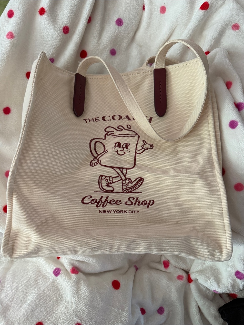 Coach Cream Canvas Tote with Maroon Graphic and Tabs